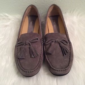 Vaneli gray suede driving loafers with bow detail.